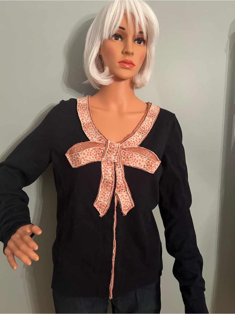 Moth for Anthropologie Cardigan with Polka Dot Bow Trim